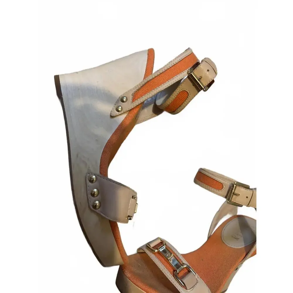 Ralph Lauren Beige and Orange Wedge Sandals Buckle Straps 7 - Picture 3 of 8